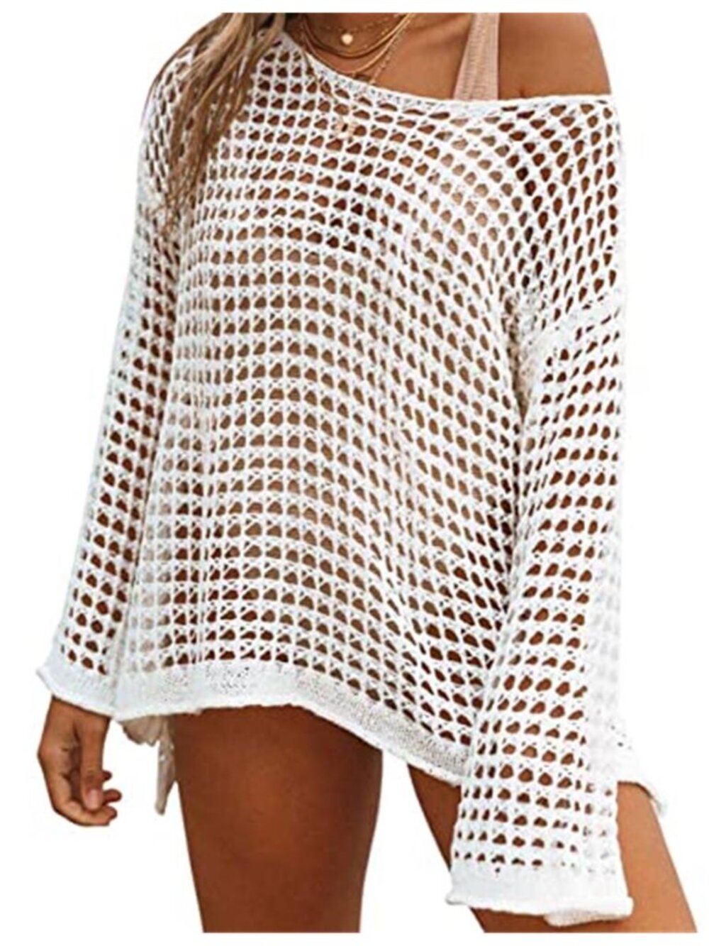Bsubseach White Crochet Mesh Swim Cover Up Long Sleeve Off Shoulder Beach Tunic